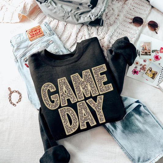 Leopard GAME DAY Tan Faux Embroidery Black Crewneck