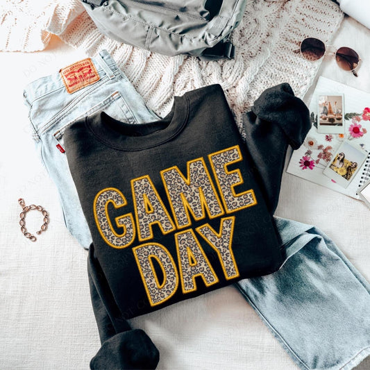 Leopard GAME DAY Gold Faux Embroidery Black Crewneck