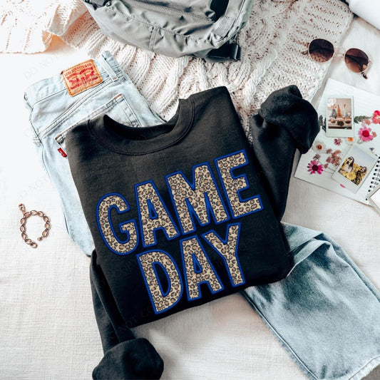 Leopard GAME DAY Blue Faux Embroidery Black Crewneck