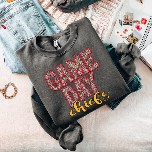 GAME DAY Chiefs Faux Embroidery Charcoal Crewneck