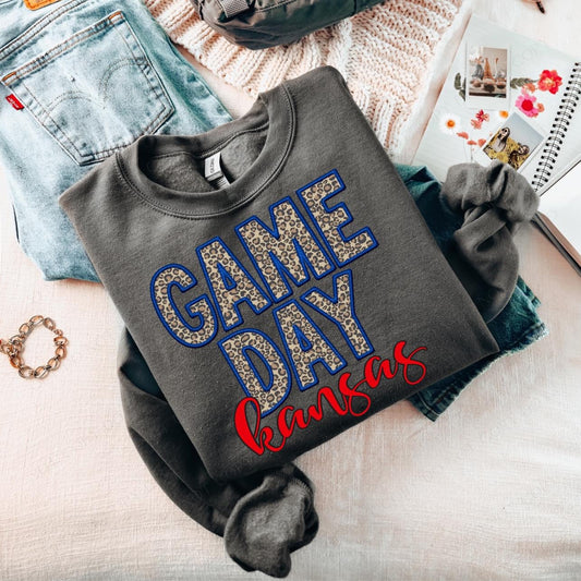 GAME DAY Kansas Faux Embroidery Charcoal Crewneck