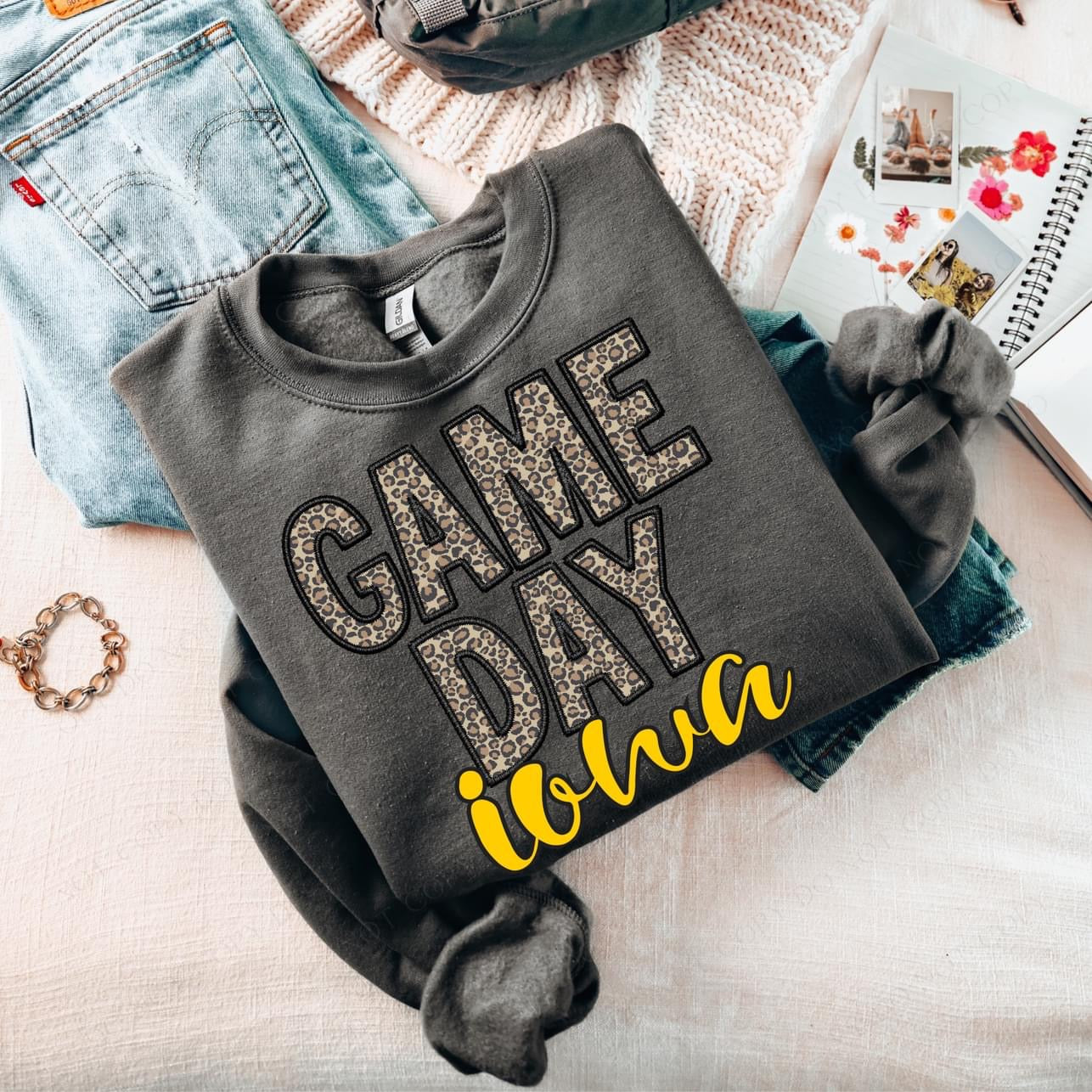 GAME DAY Iowa Faux Embroidery Charcoal Crewneck