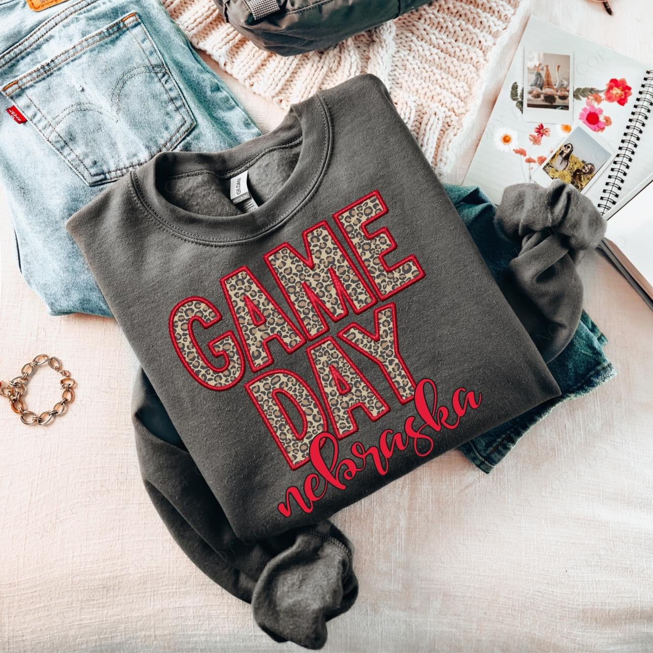GAME DAY Faux Embroidery Nebraska Charcoal Crewneck