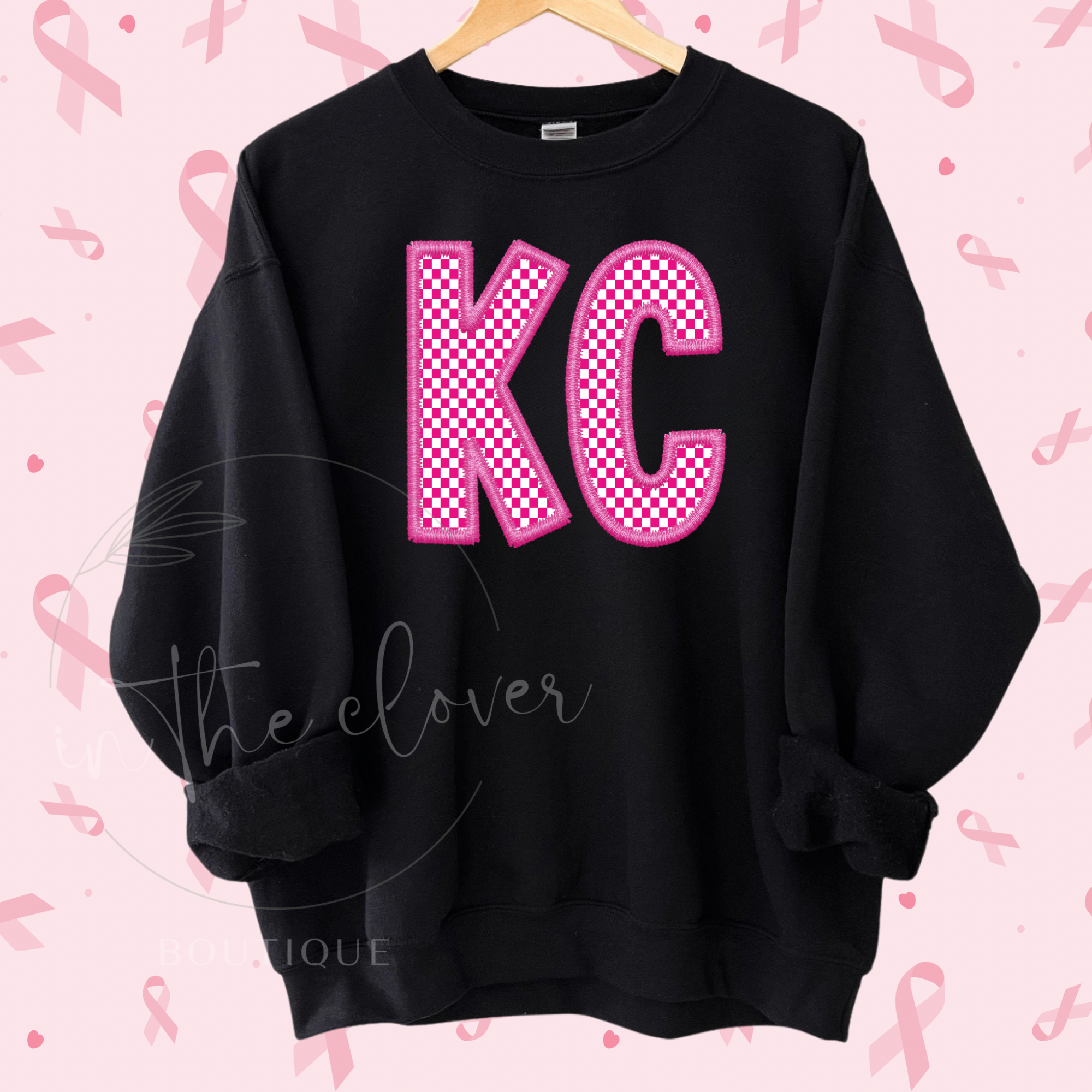 PINK FAUX EMBROIDERY/CHECKERED KC - CREWNECK
