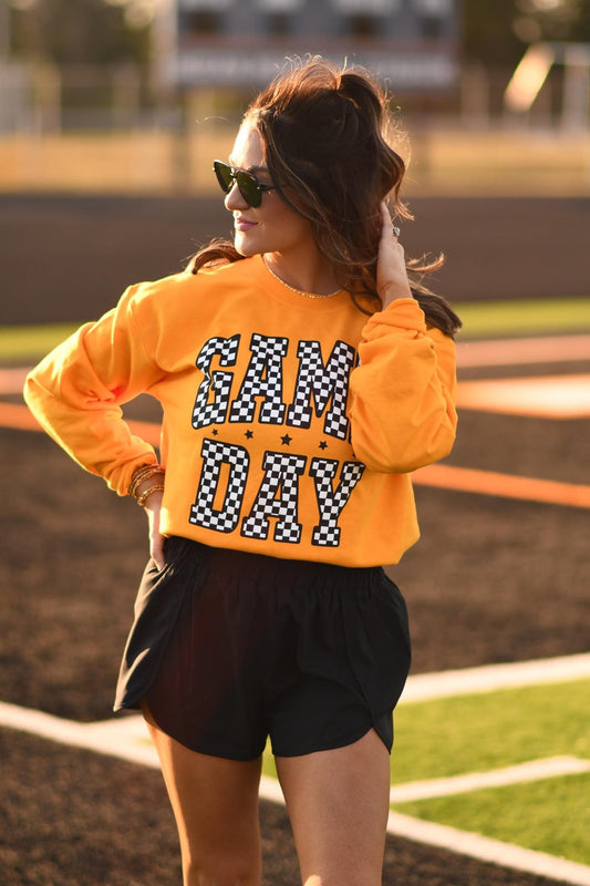 CHECKERED GAME DAY - GOLD CREWNECK