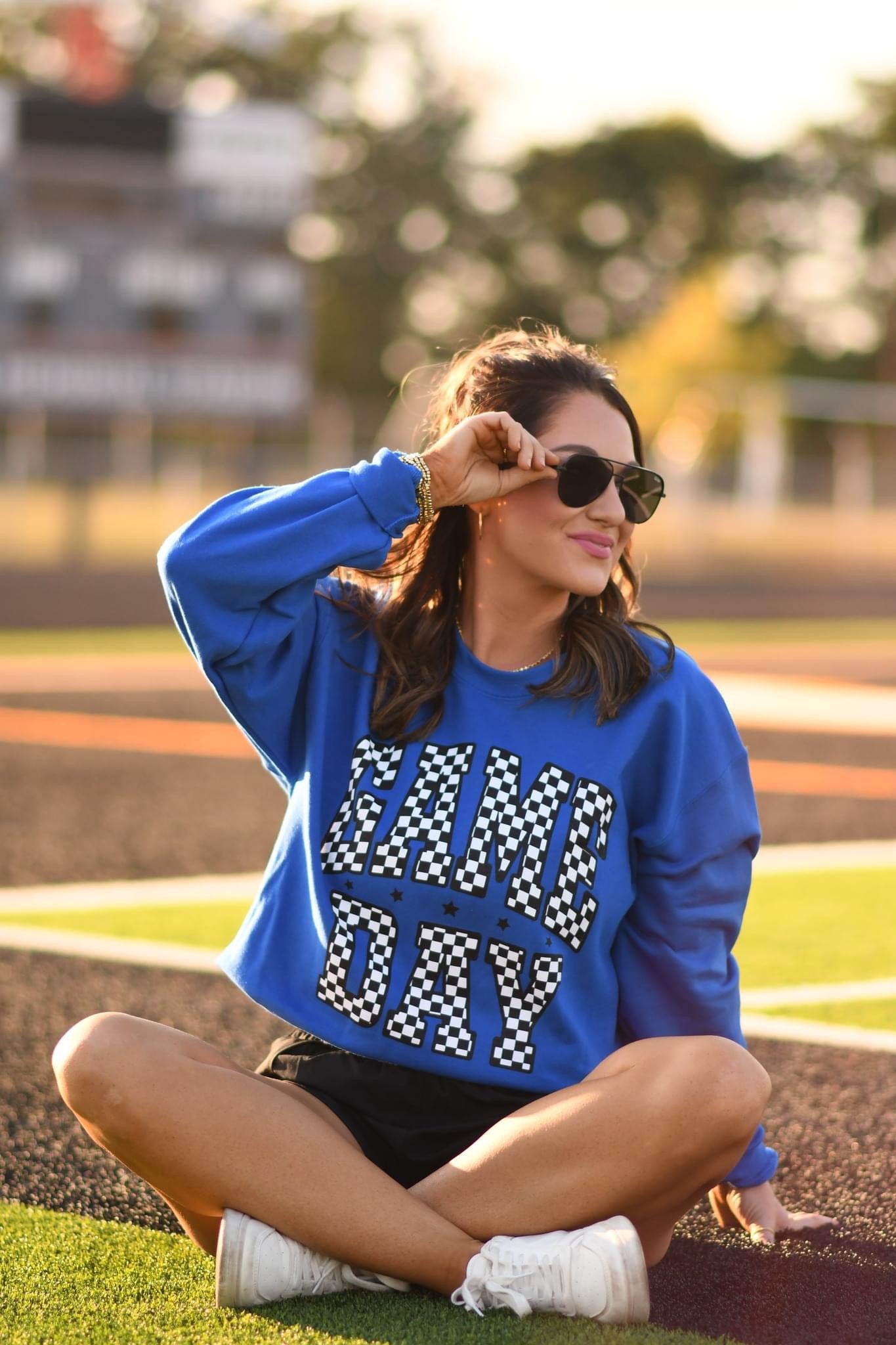 CHECKERED GAME DAY - BLUE CREWNECK