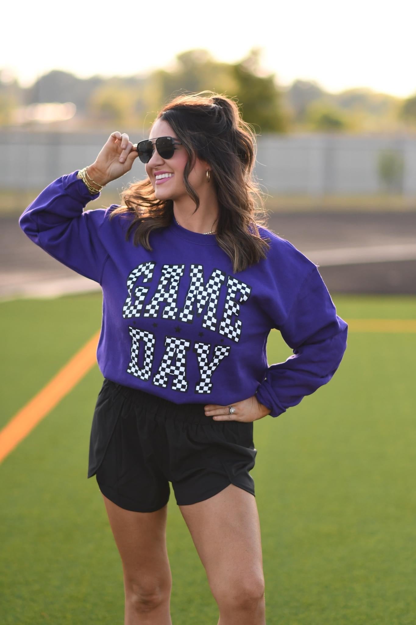 CHECKERED GAME DAY - PURPLE CREWNECK