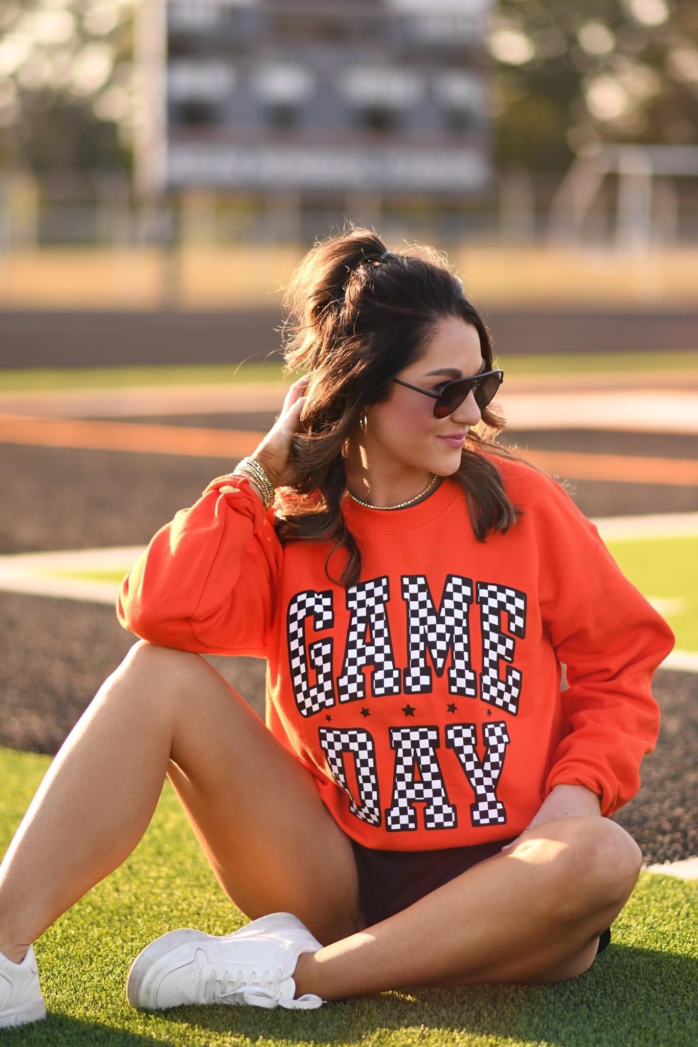 CHECKERED GAME DAY - ORANGE CREWNECK