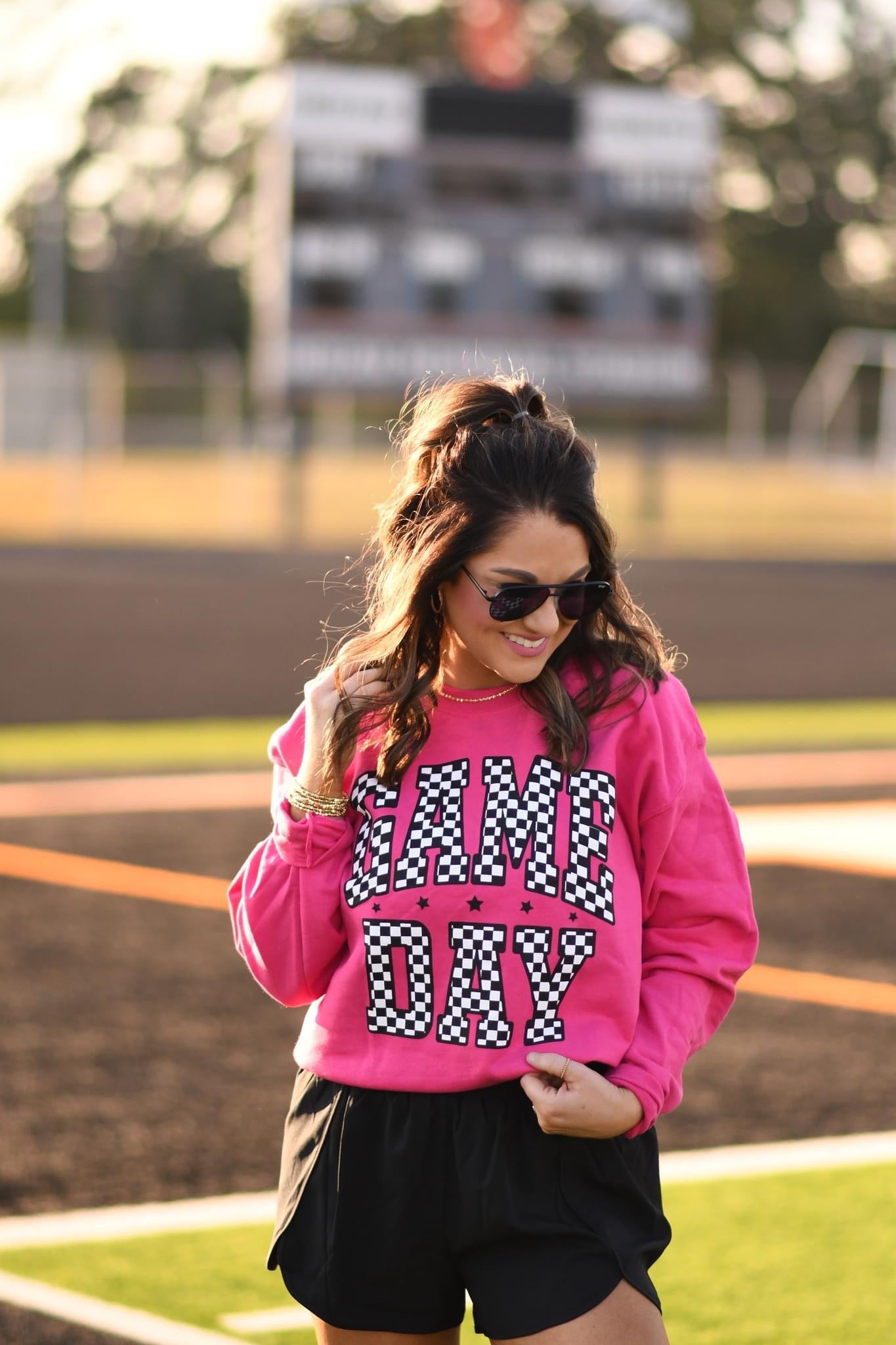 CHECKERED GAME DAY - PINK CREWNECK