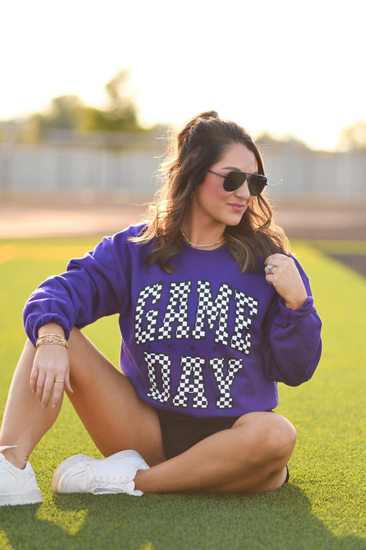 CHECKERED GAME DAY - PURPLE CREWNECK