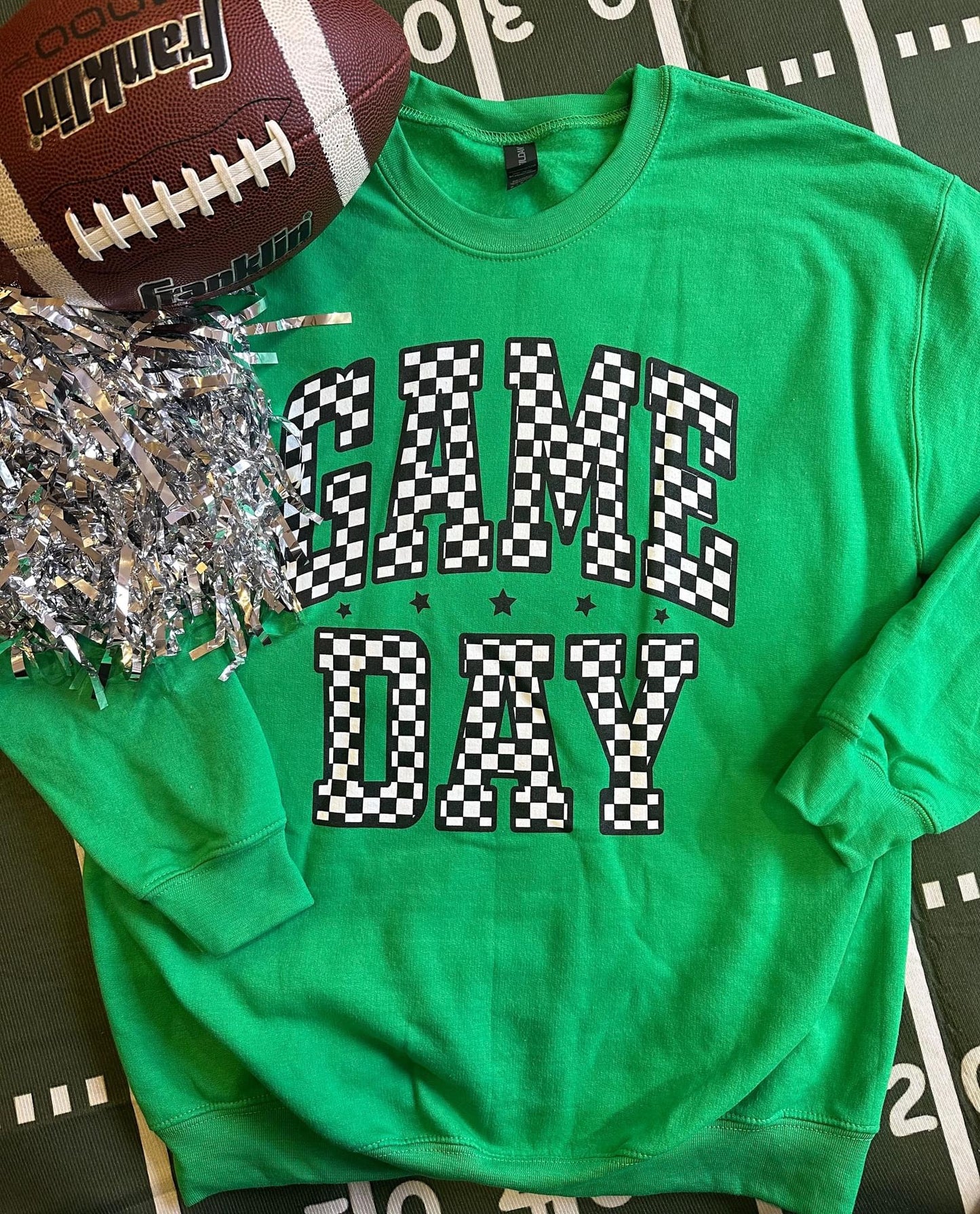 CHECKERED GAME DAY - GREEN CREWNECK