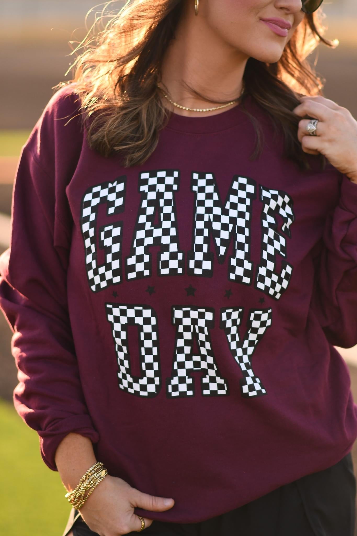 CHECKERED GAME DAY - MAROON CREWNECK