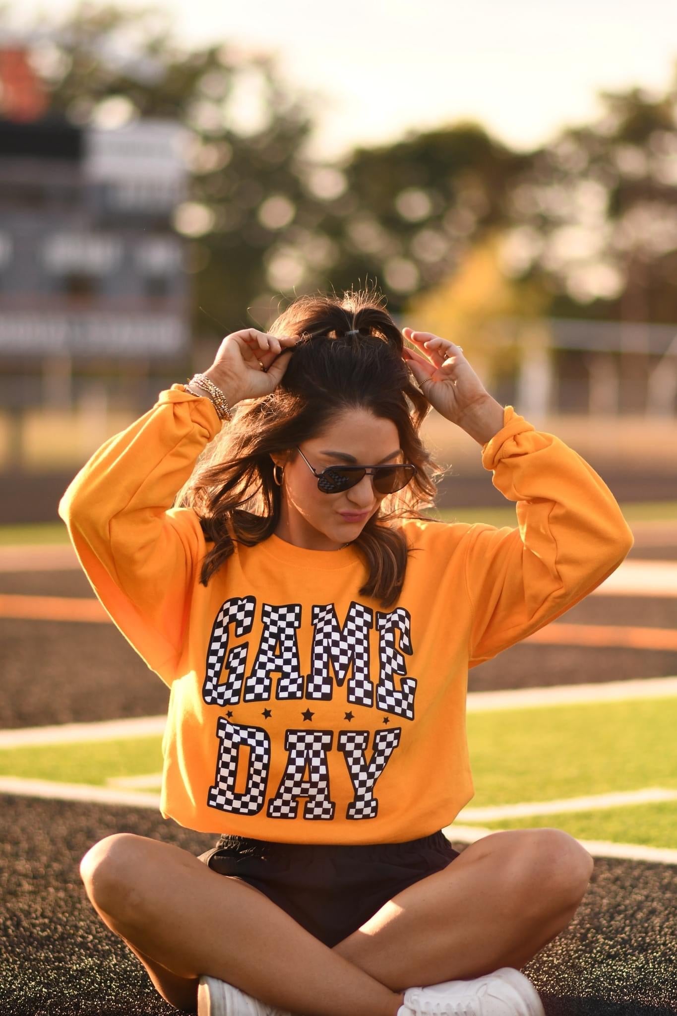 CHECKERED GAME DAY - GOLD CREWNECK