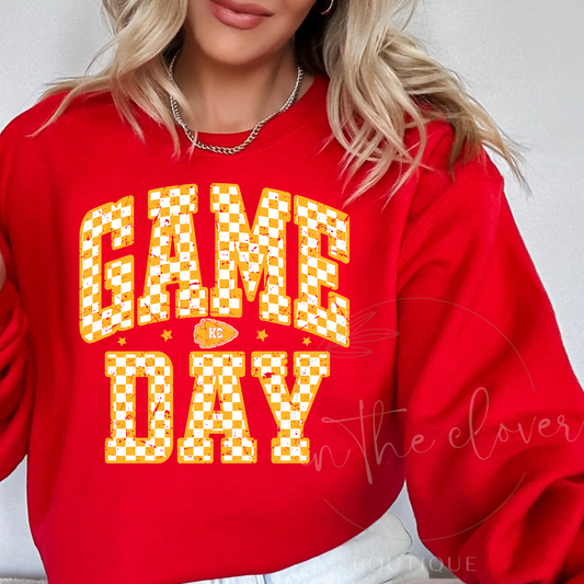 YELLOW CHECKERED GAME DAY KC ARROWHEAD - RED CREWNECK