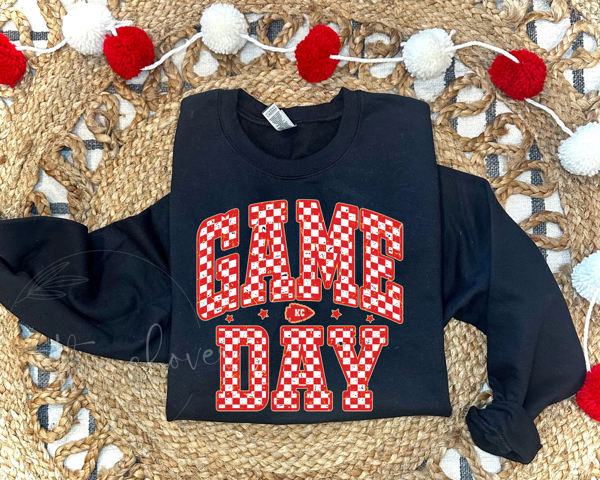 RED CHECKERED GAME DAY KC ARROWHEAD - BLACK CREWNECK