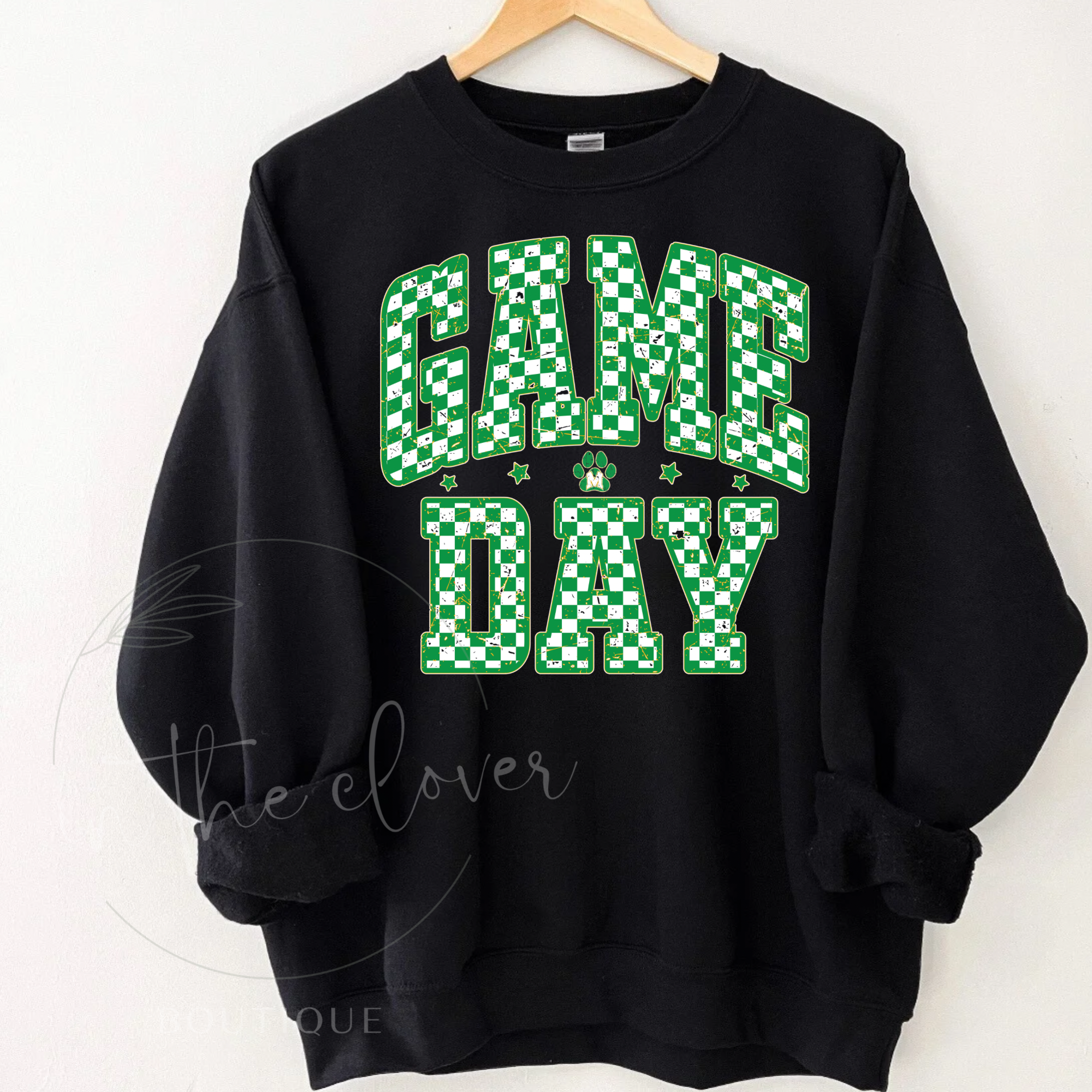 SPOOFHOUNDS GREEN CHECKERED GAME DAY - BLACK CREWNECK