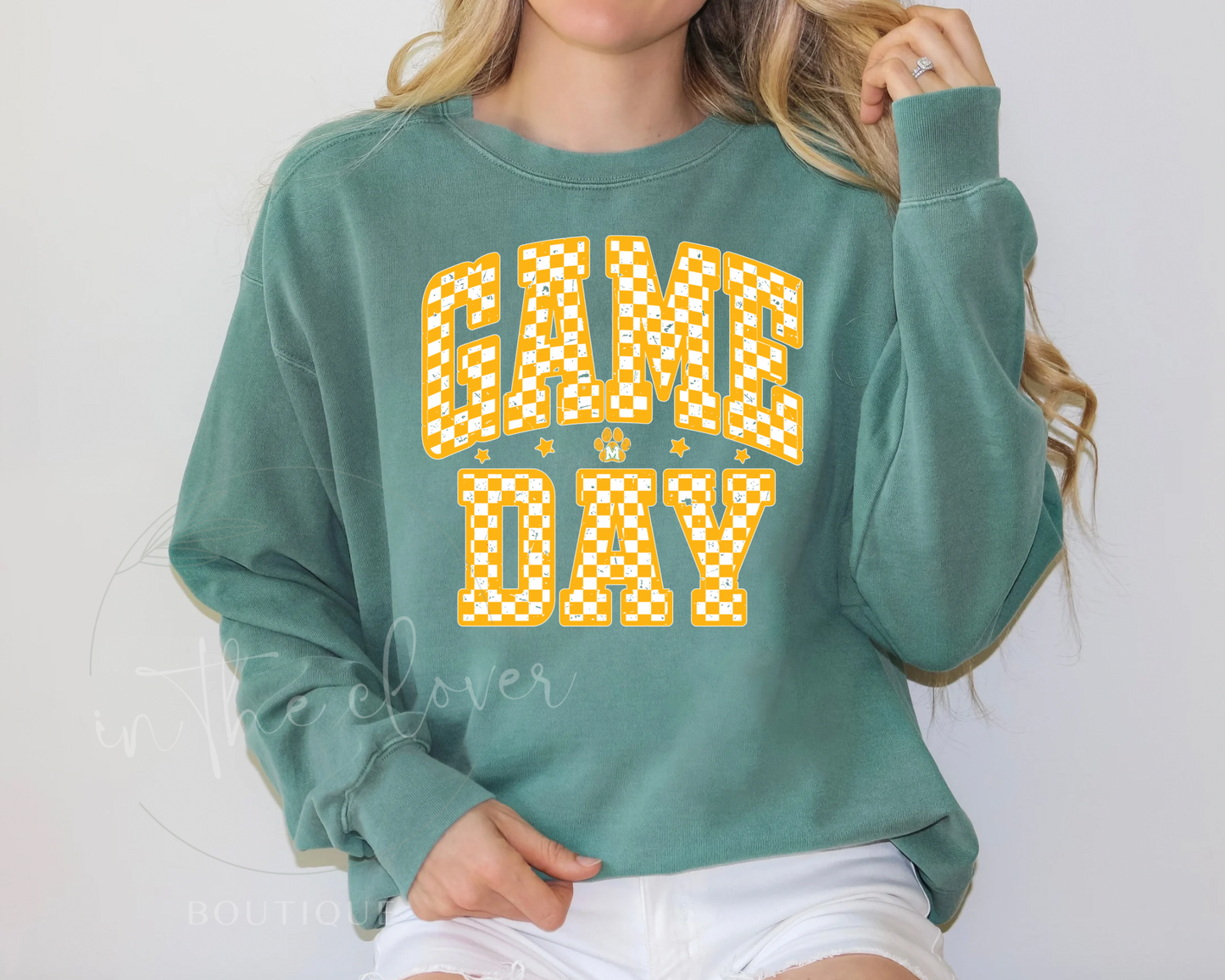 SPOOFHOUNDS YELLOW CHECKERED GAME DAY - LIGHT GREEN CREWNECK