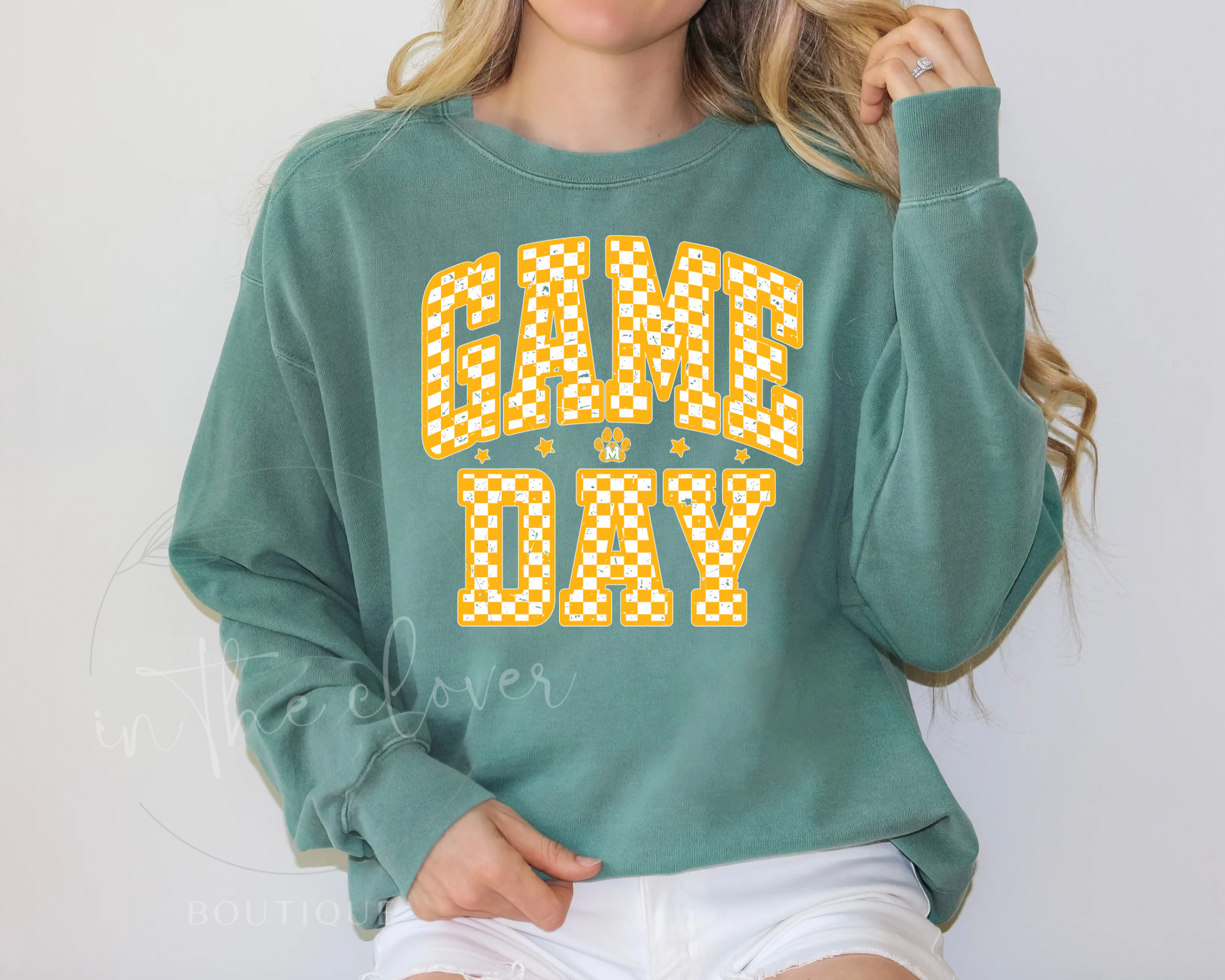 SPOOFHOUNDS YELLOW CHECKERED GAME DAY - LIGHT GREEN CREWNECK