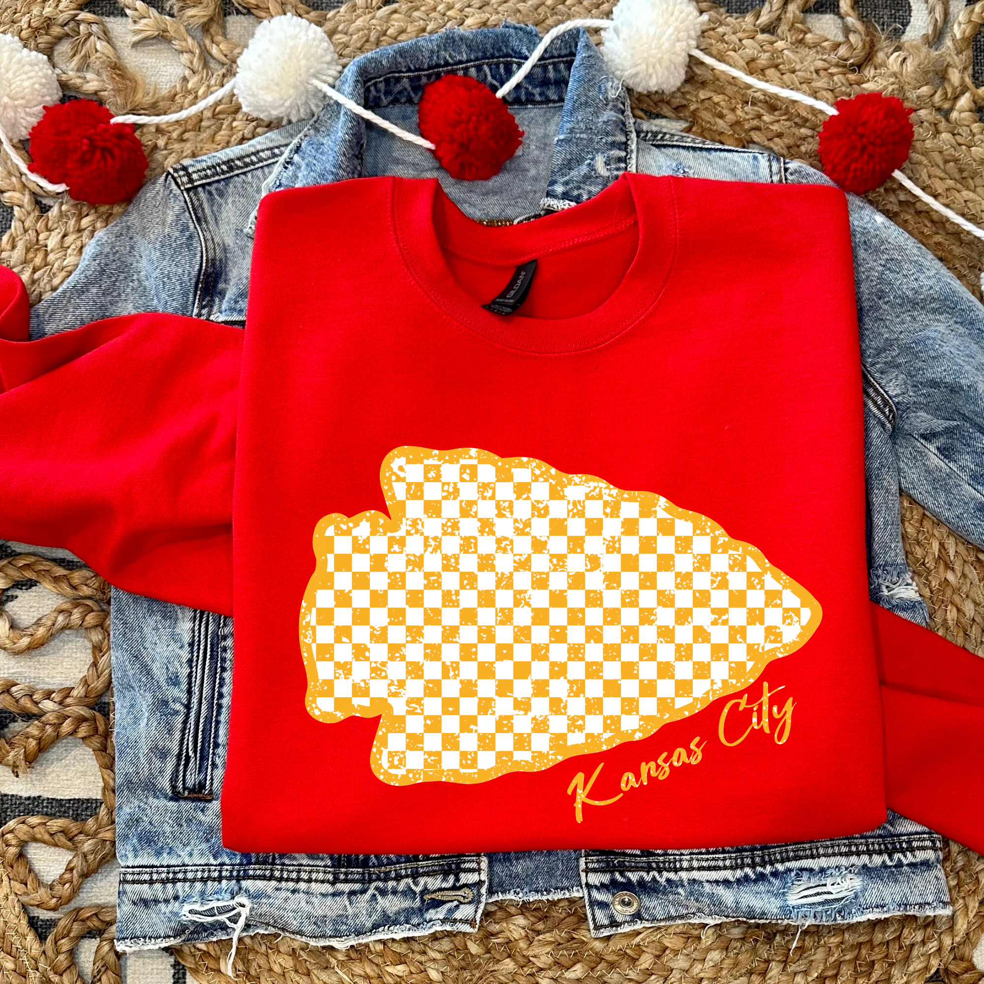 YELLOW CHECKERED ARROWHEAD FOOTBALL - RED TEE