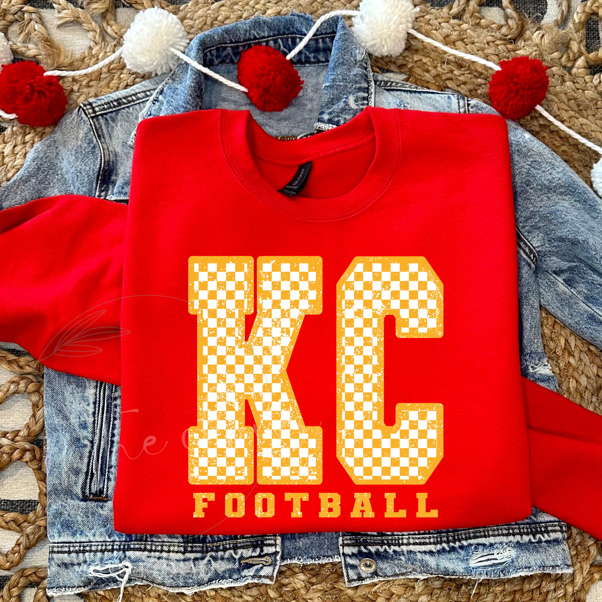 YELLOW CHECKERED KC FOOTBALL - RED CREWNECK