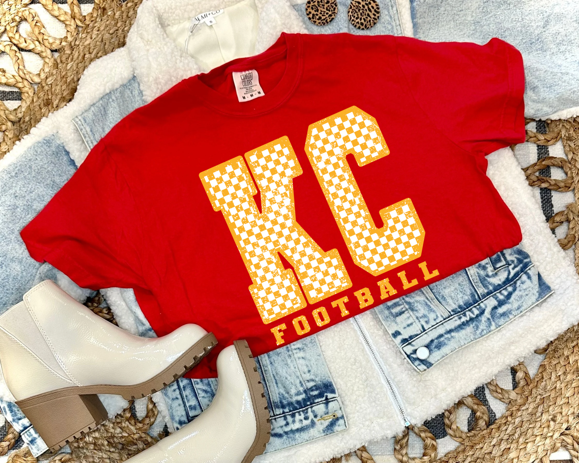 YELLOW CHECKERED KC FOOTBALL - RED TEE