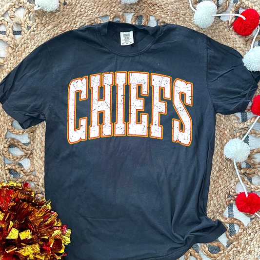 DISTRESSED WHITE/RED/GOLD CHIEFS - BLACK TEE