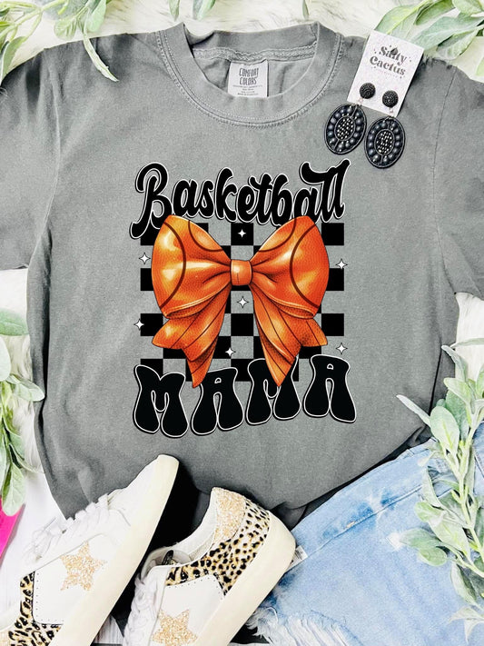 CHECKERED BASKETBALL MAMA COQUETTE BOW - GREY TEE