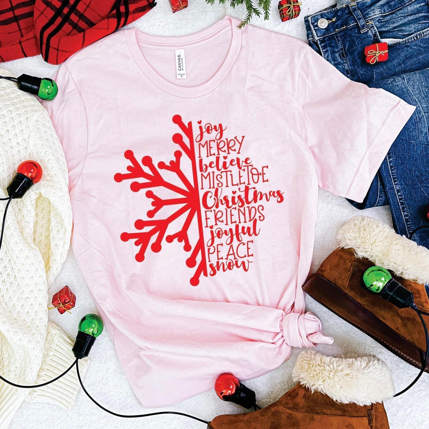 Red Snowflake, Pink Christmas Tee