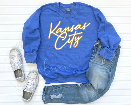 GOLD KANSAS CITY SCRIPT - HEATHER BLUE CREWNECK