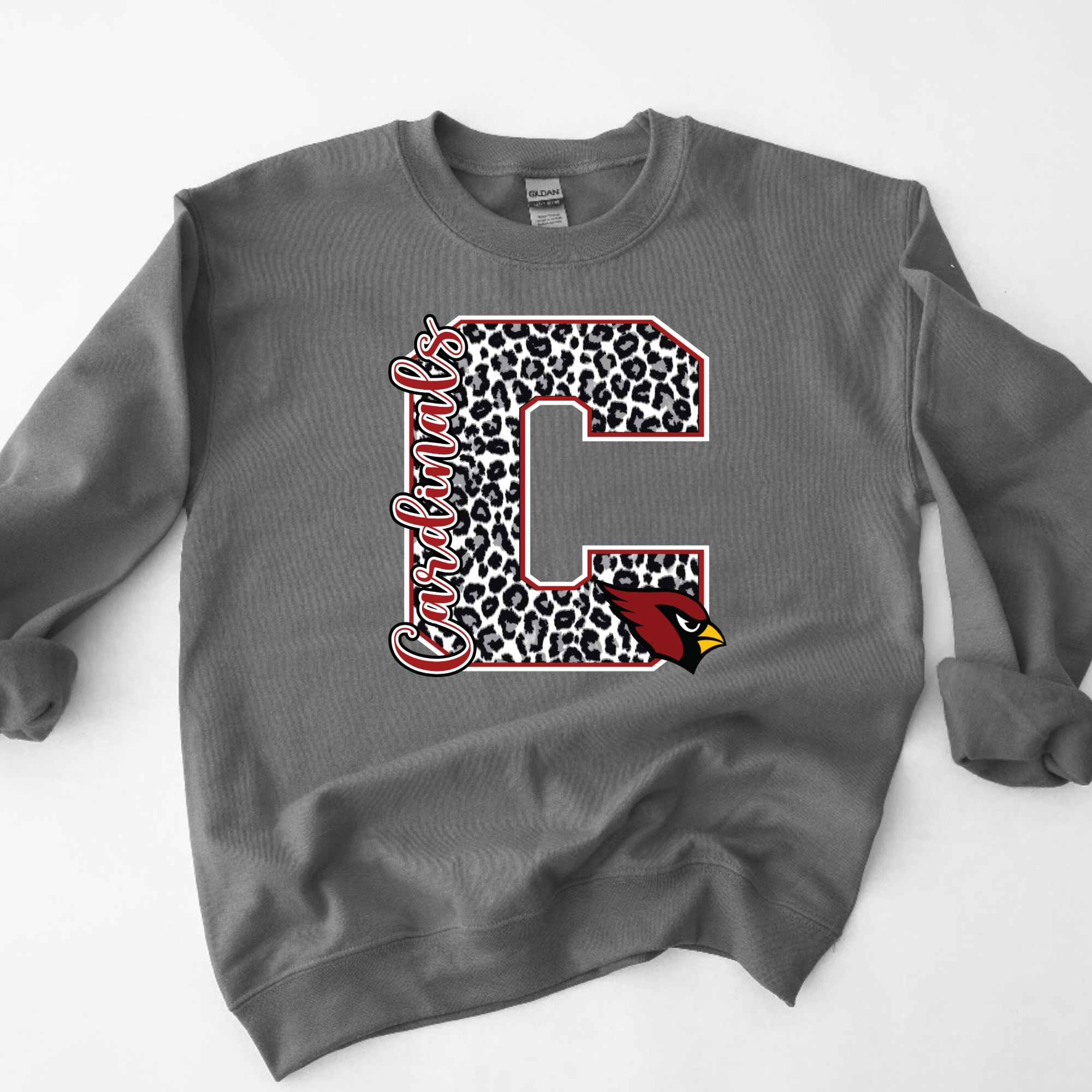 CARDINALS LEOPARD BLOCK LETTER WITH MASCOT - CHARCOAL CREWNECK
