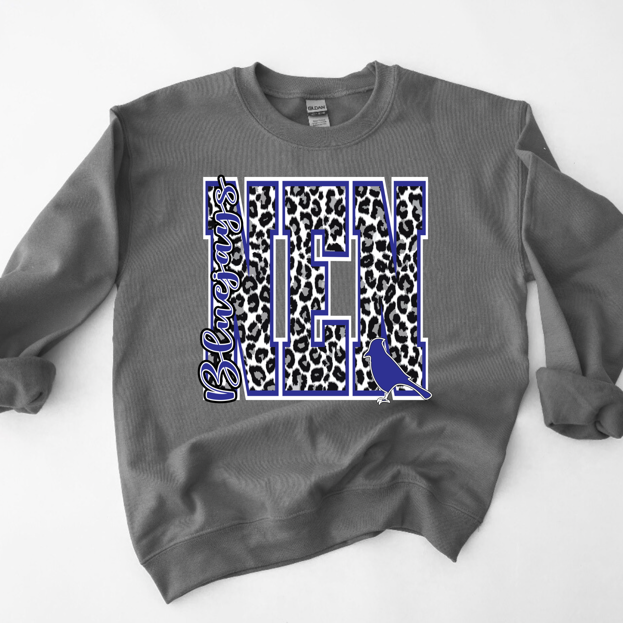 NEN BLUEJAYS BLOCK LEOPARD MASCOT - CHARCOAL CREWNECK