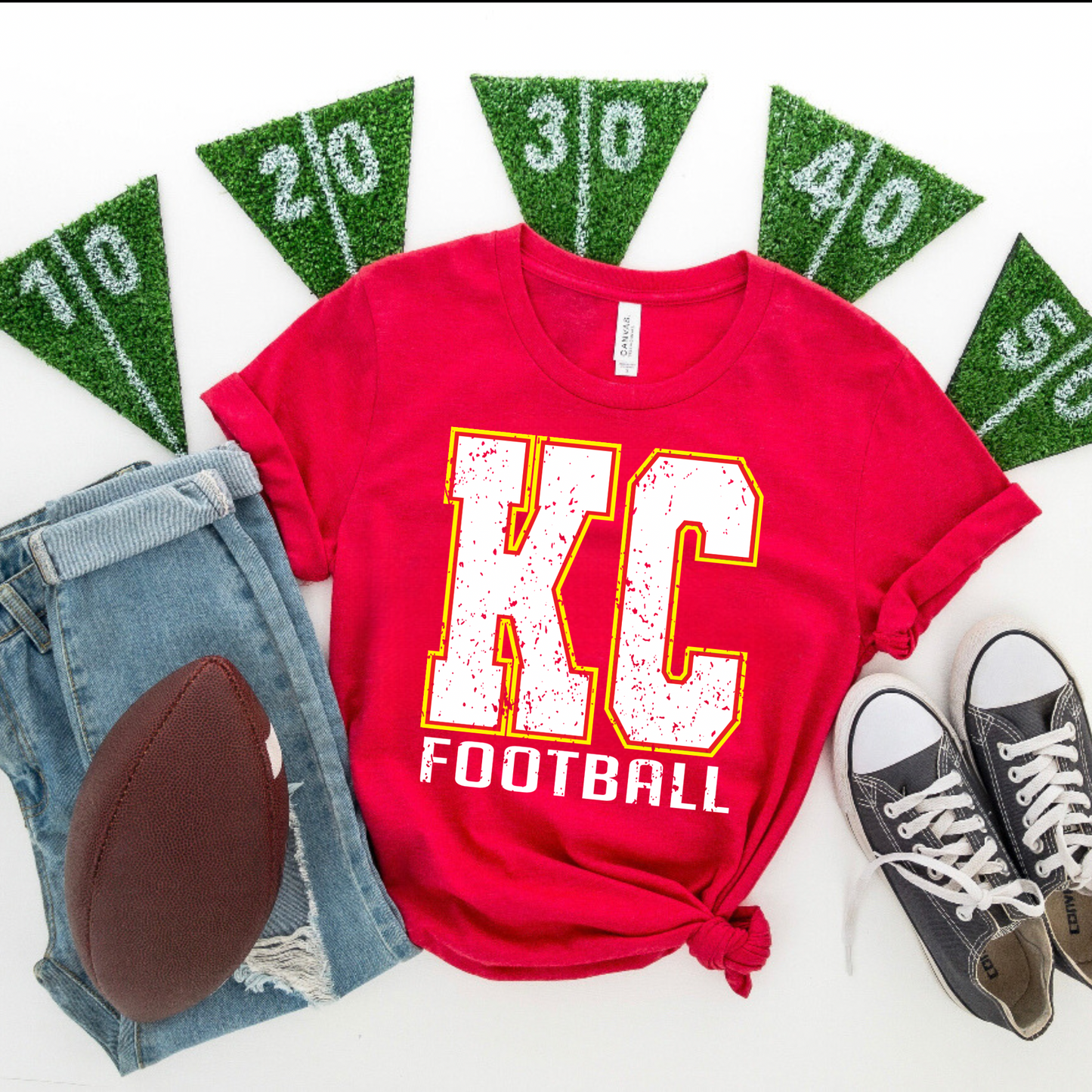 Distress Block KC Football Red Tee