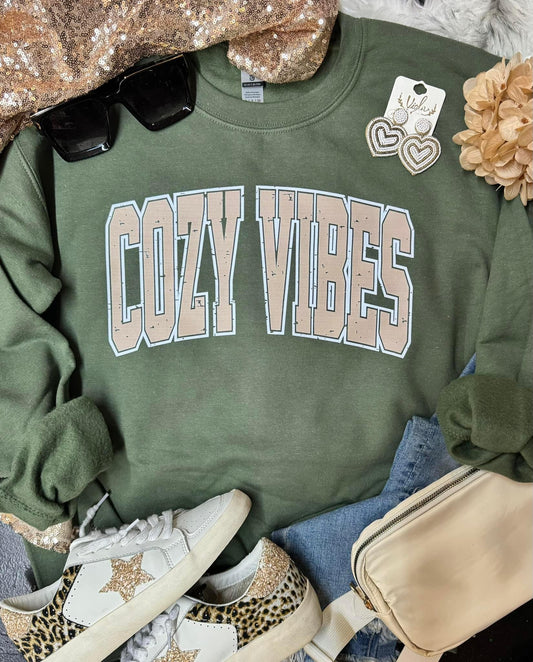 COZY VIBES - OLIVE GREEN CREWNECK