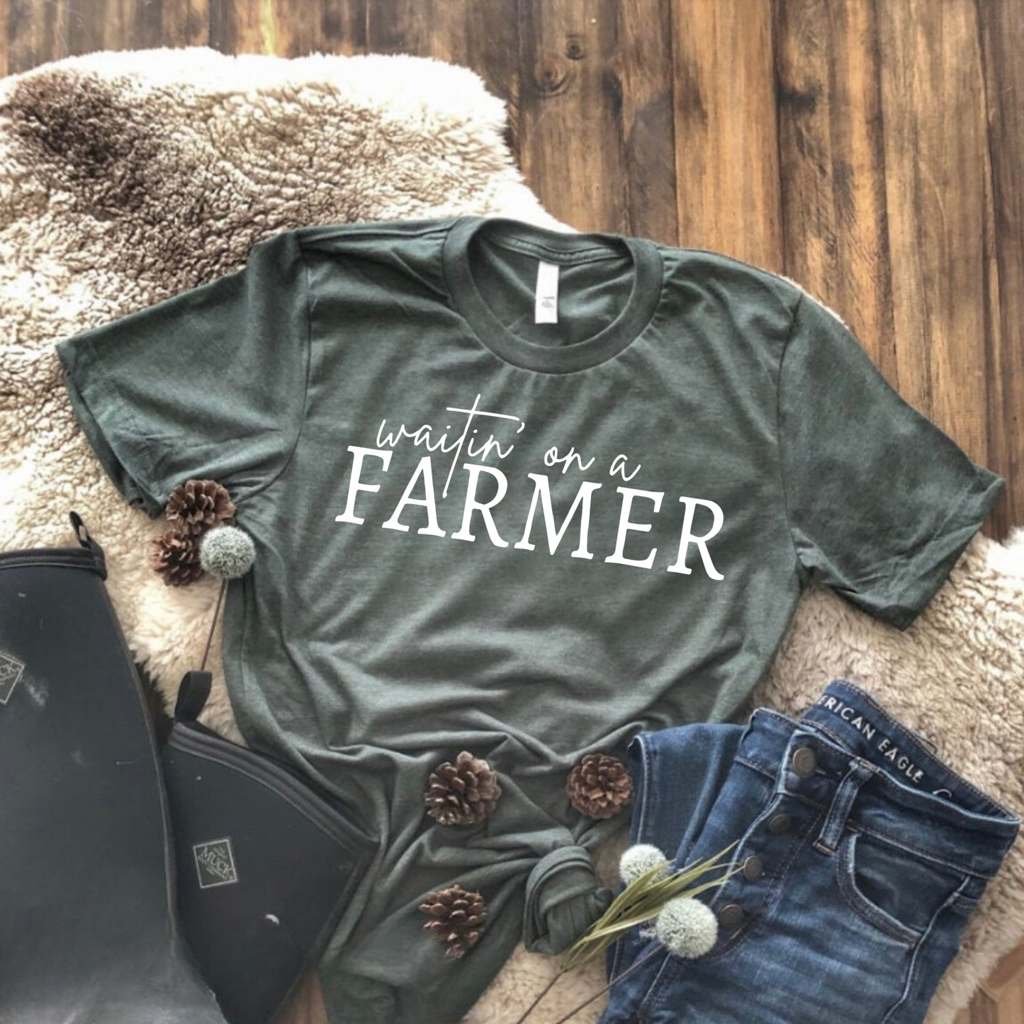 Waitin' on a Farmer - Heather Forest Green Tee