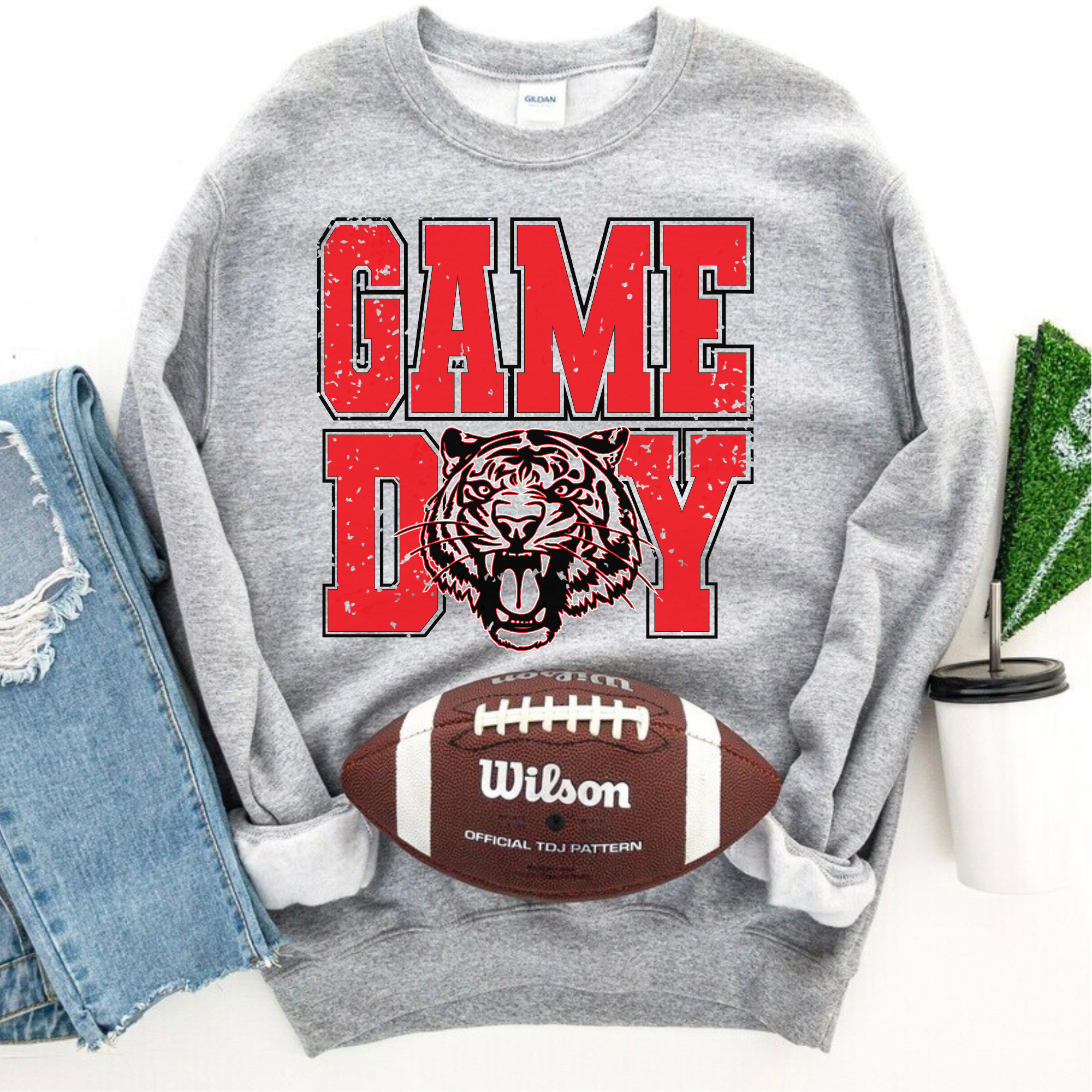 Red Tigers distressed GAME DAY grey crewneck