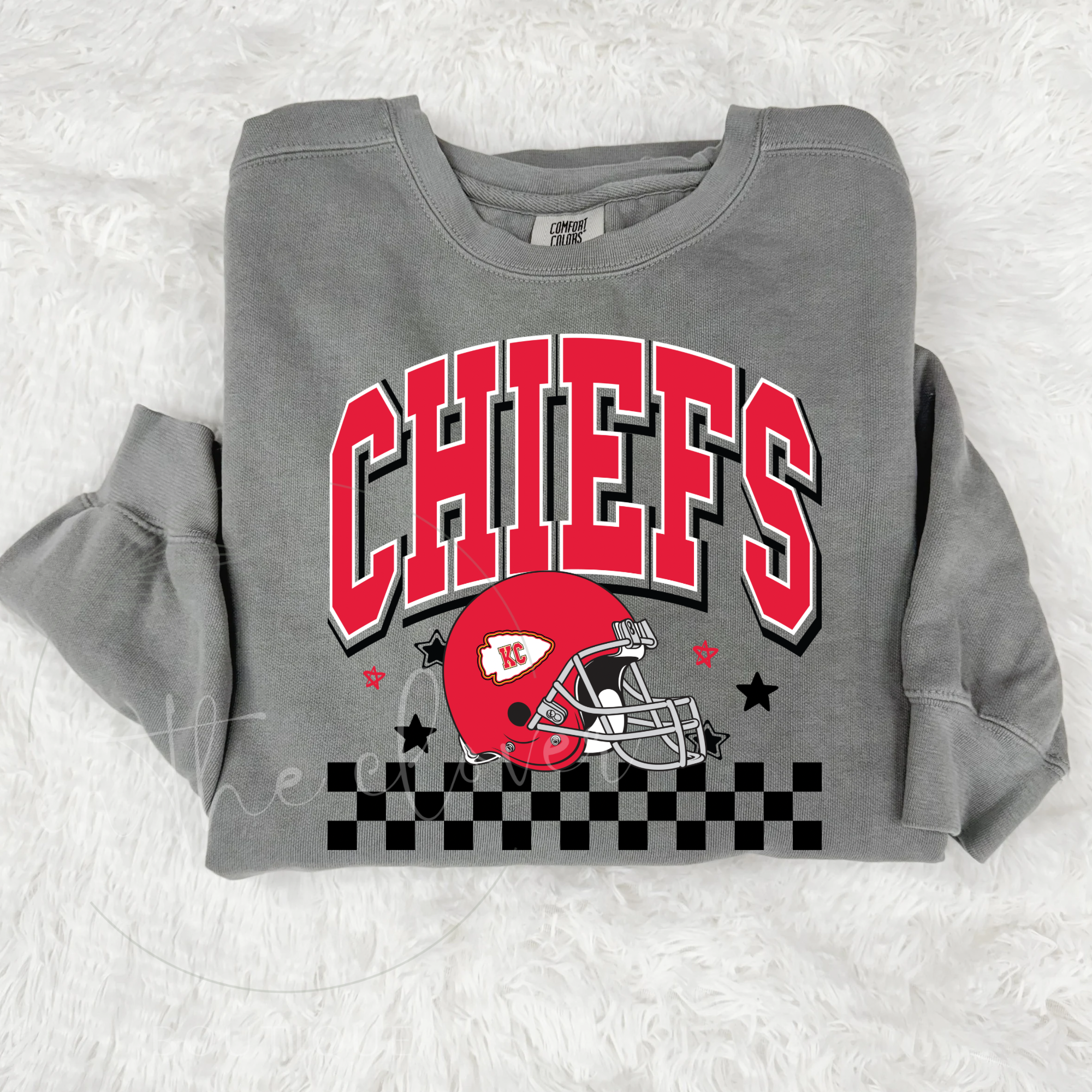 KANSAS CITY FOOTBALL CHECKERED WITH DOODLE STARS - GREY CREWNECK