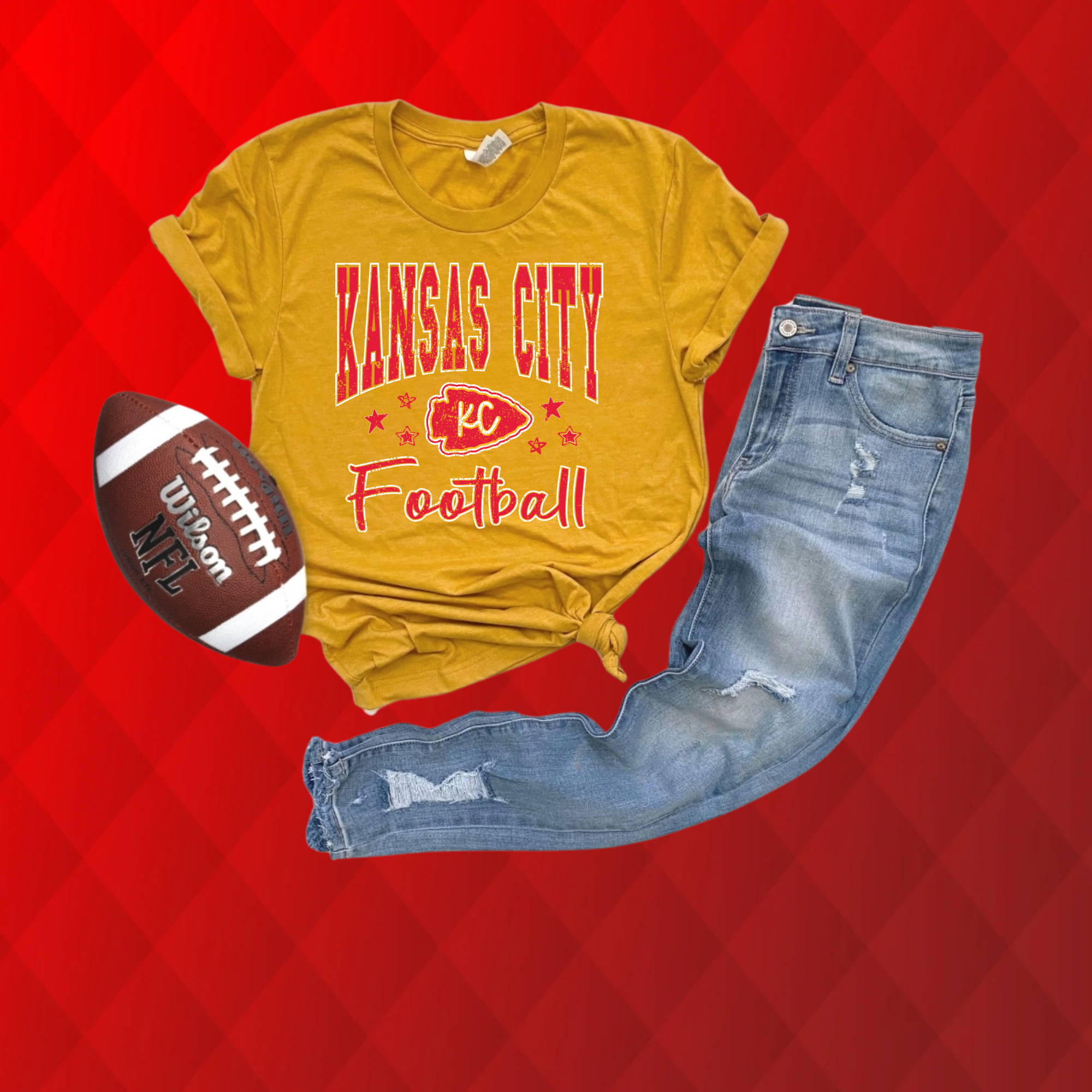 KANSAS CITY FOOTBALL WITH DOODLE STARS - MUSTARD TEE