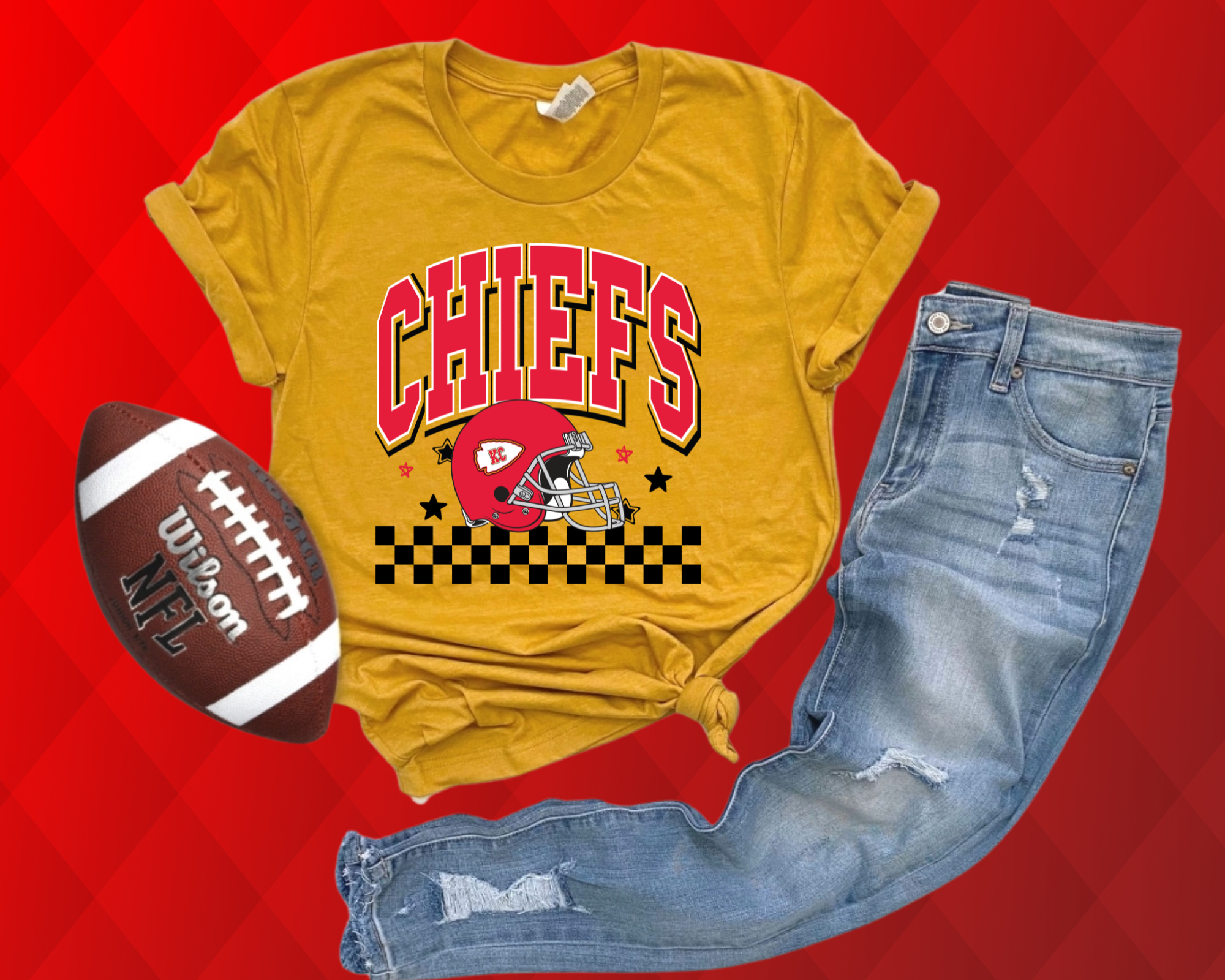 KANSAS CITY FOOTBALL CHECKERED WITH DOODLE STARS - MUSTARD TEE