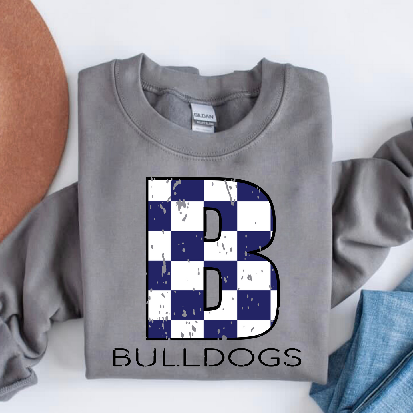 CHECKERED B BULLDOGS - CHARCOAL CREWNECK