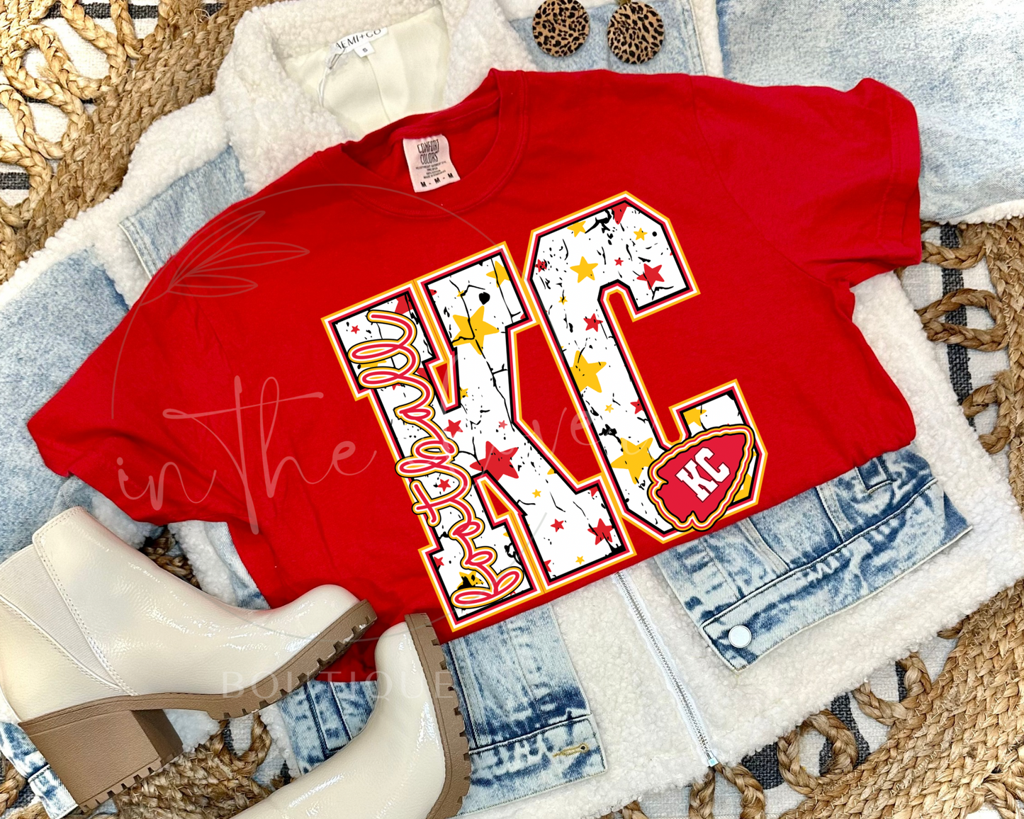 DISTRESSED STAR KC FOOTBALL - RED TEE