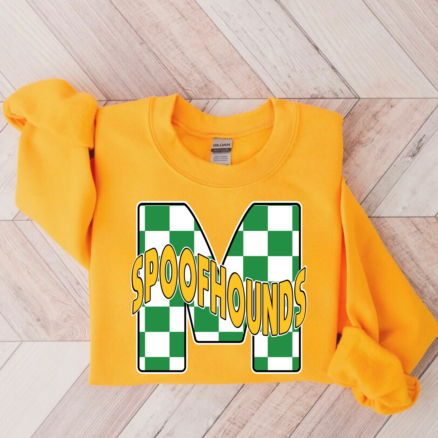 Maryville Spoofhounds Green Checkered on Gold Crewneck