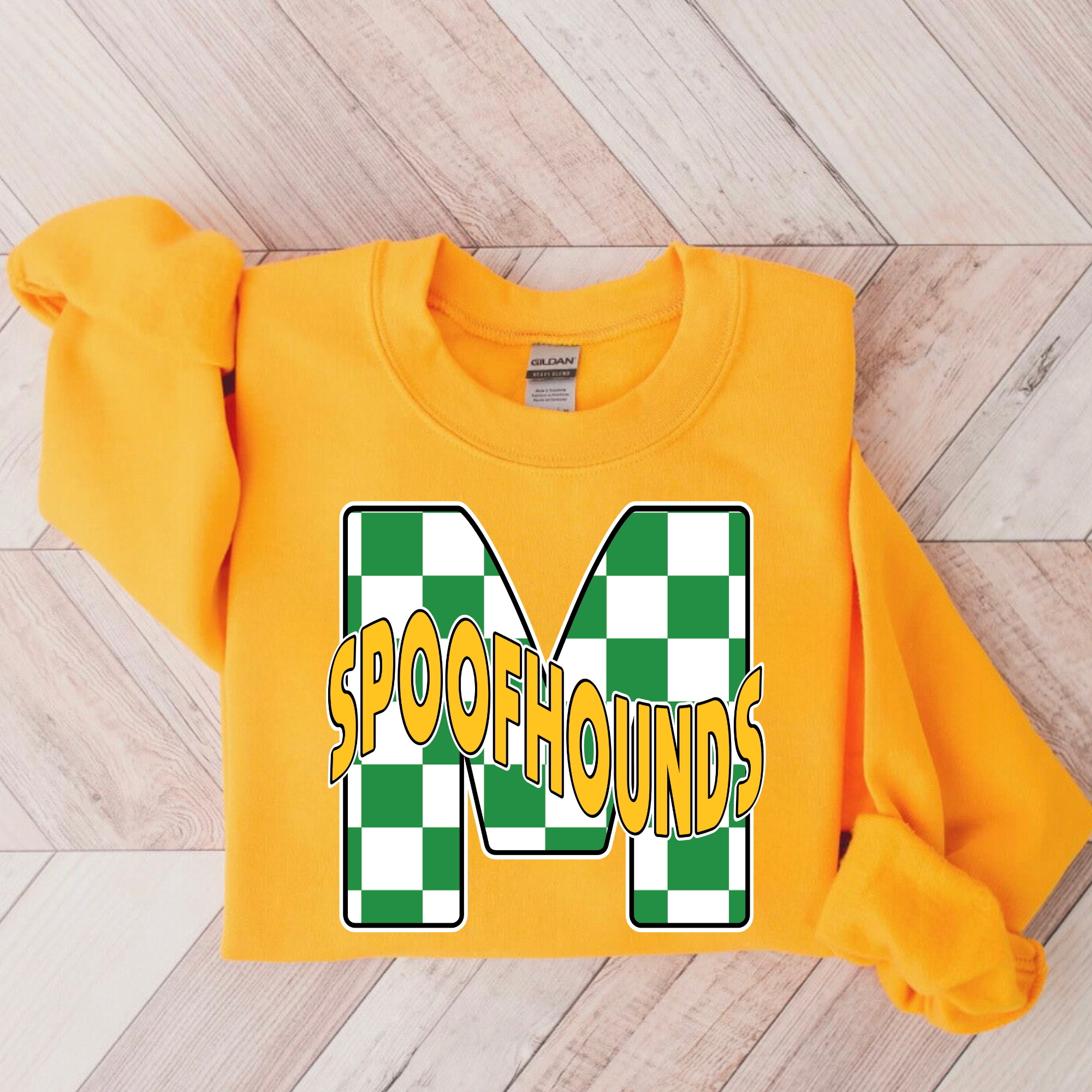 Maryville Spoofhounds Green Checkered on Gold Crewneck