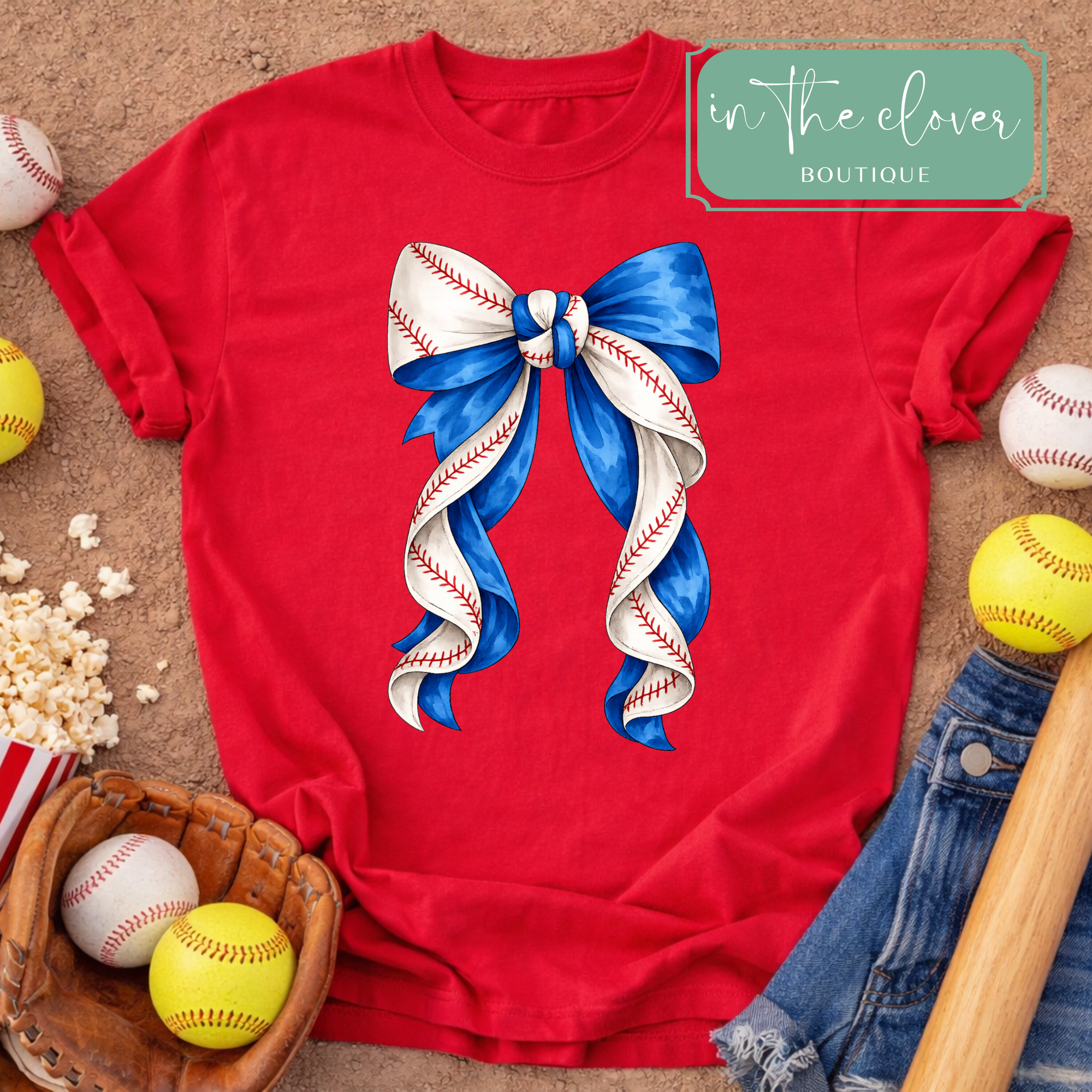 Blue Twisted Coquette Baseball Bow - Red Tee