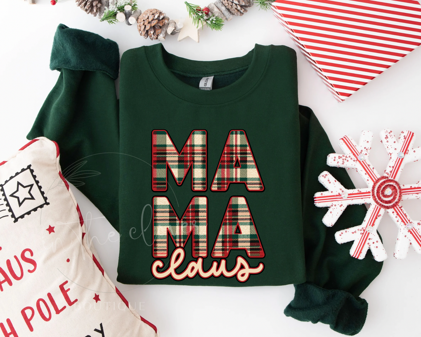 STACKED PLAID MAMA CLAUS - FOREST CREWNECK