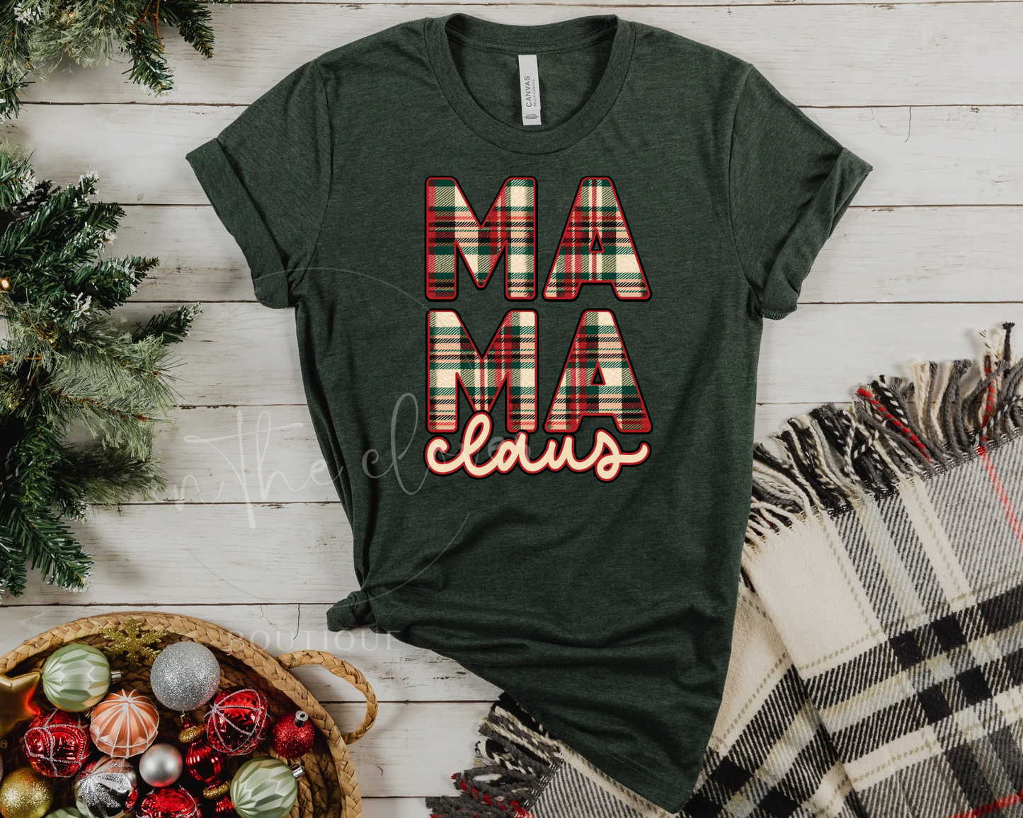 STACKED PLAID MAMA CLAUS - HEATHER FOREST TEE