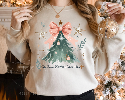 OH COME LET US ADORE HIM WATERCOLOR CHRISTMAS TREE - SAND CREWNECK