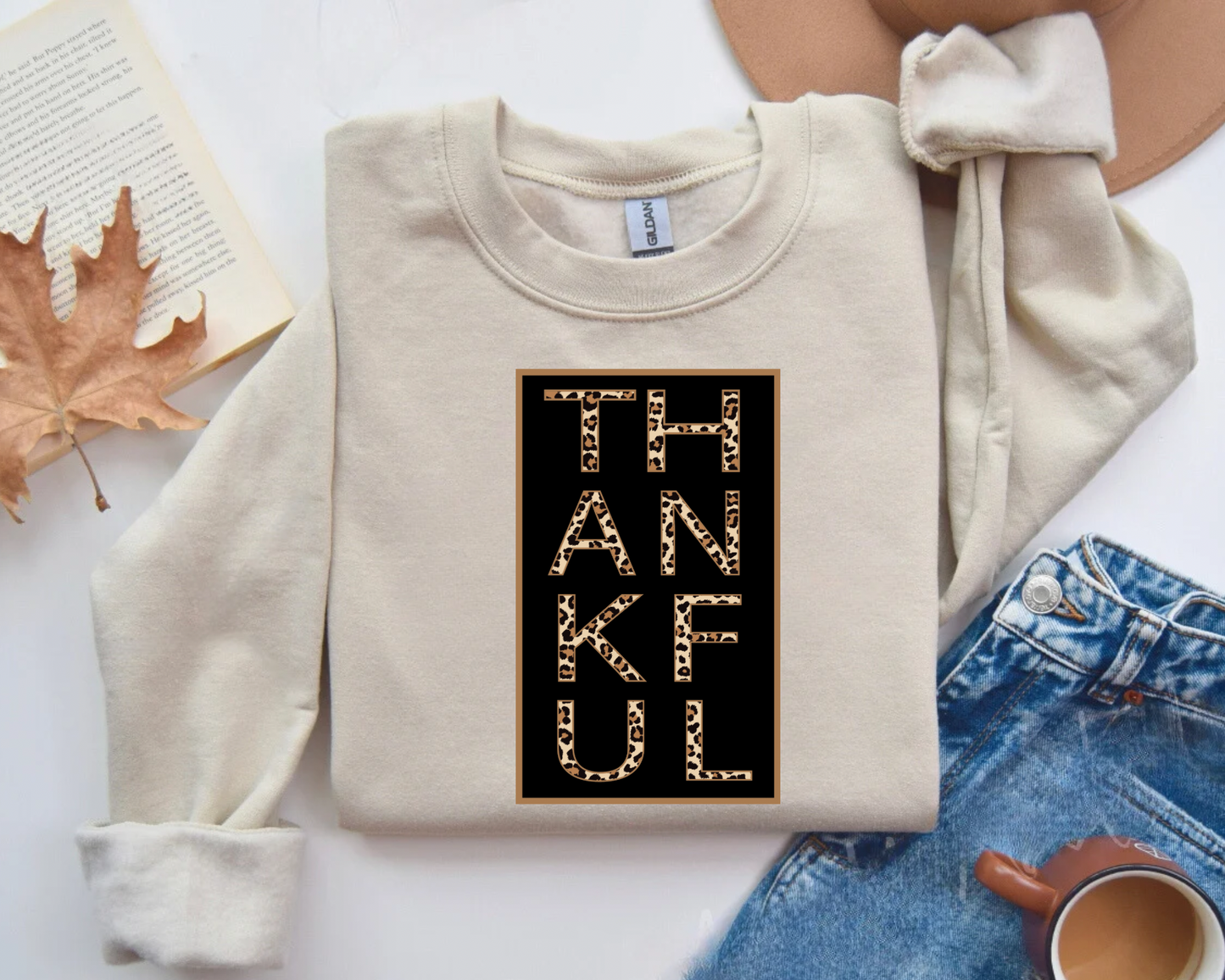 BLOCK LEOPARD THANKFUL - SAND CREWNECK