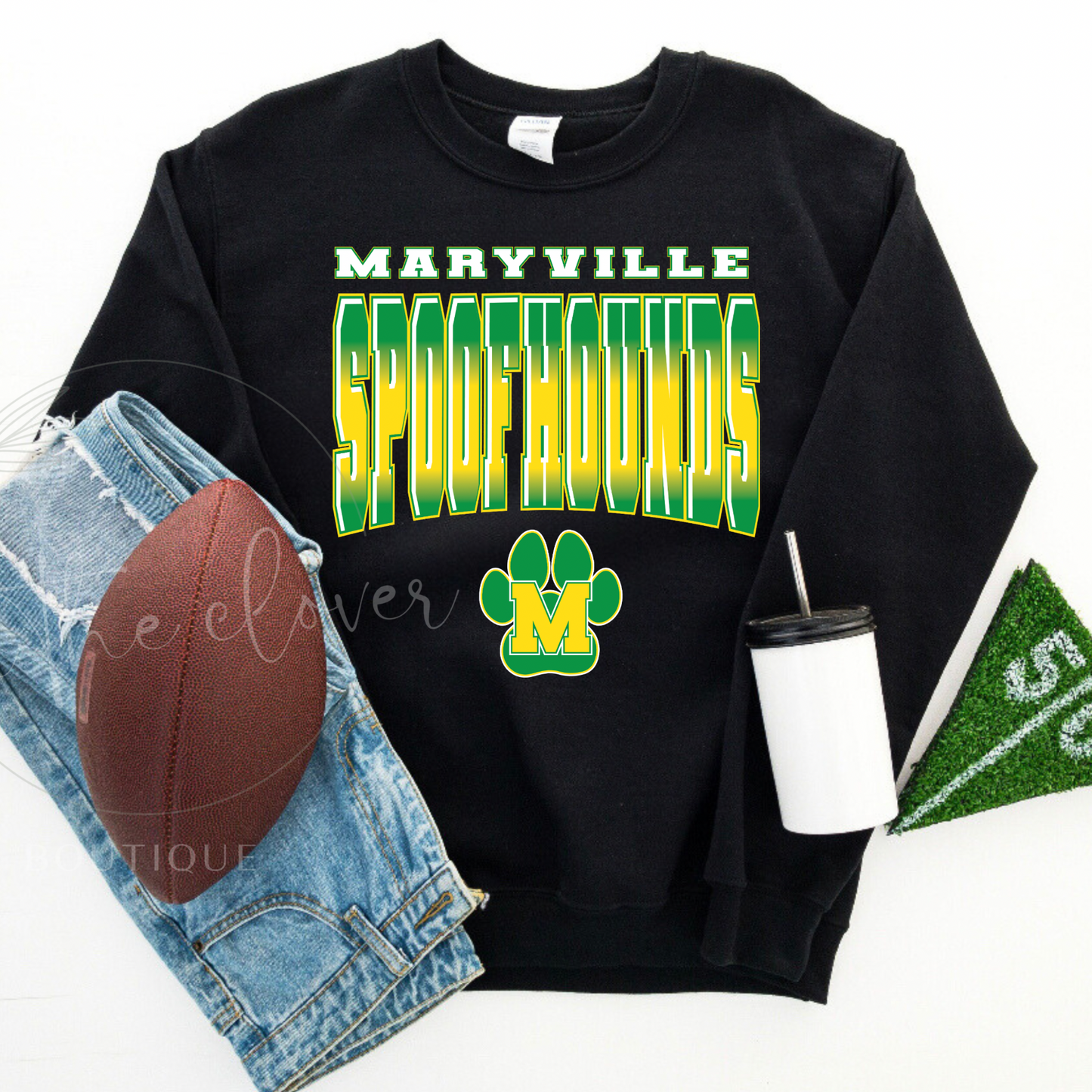 Maryville spoof hounds, green and yellow ombre black crewneck