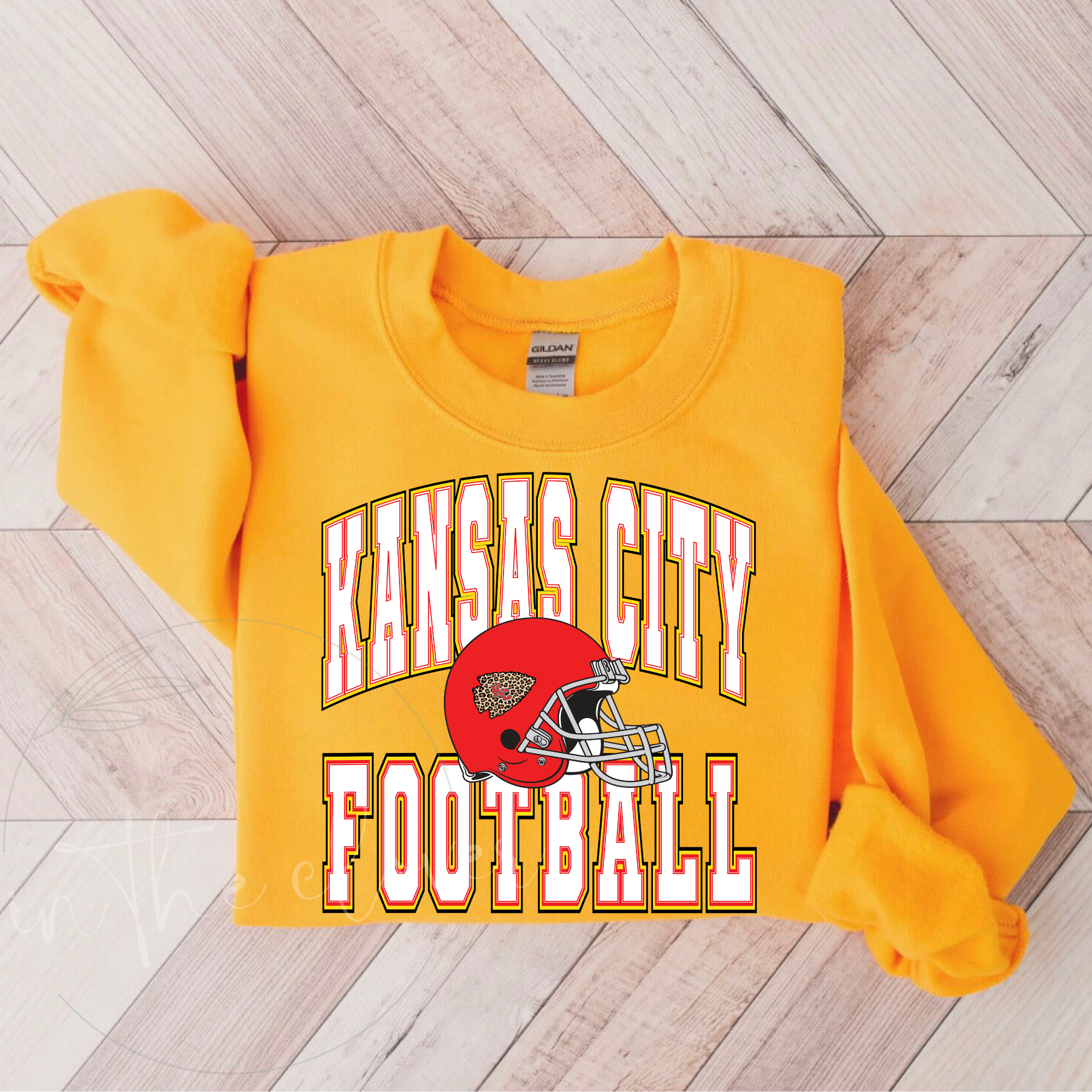 Kansas City Football Red Helmet with Leopard Arrowhead Gold Crewneck