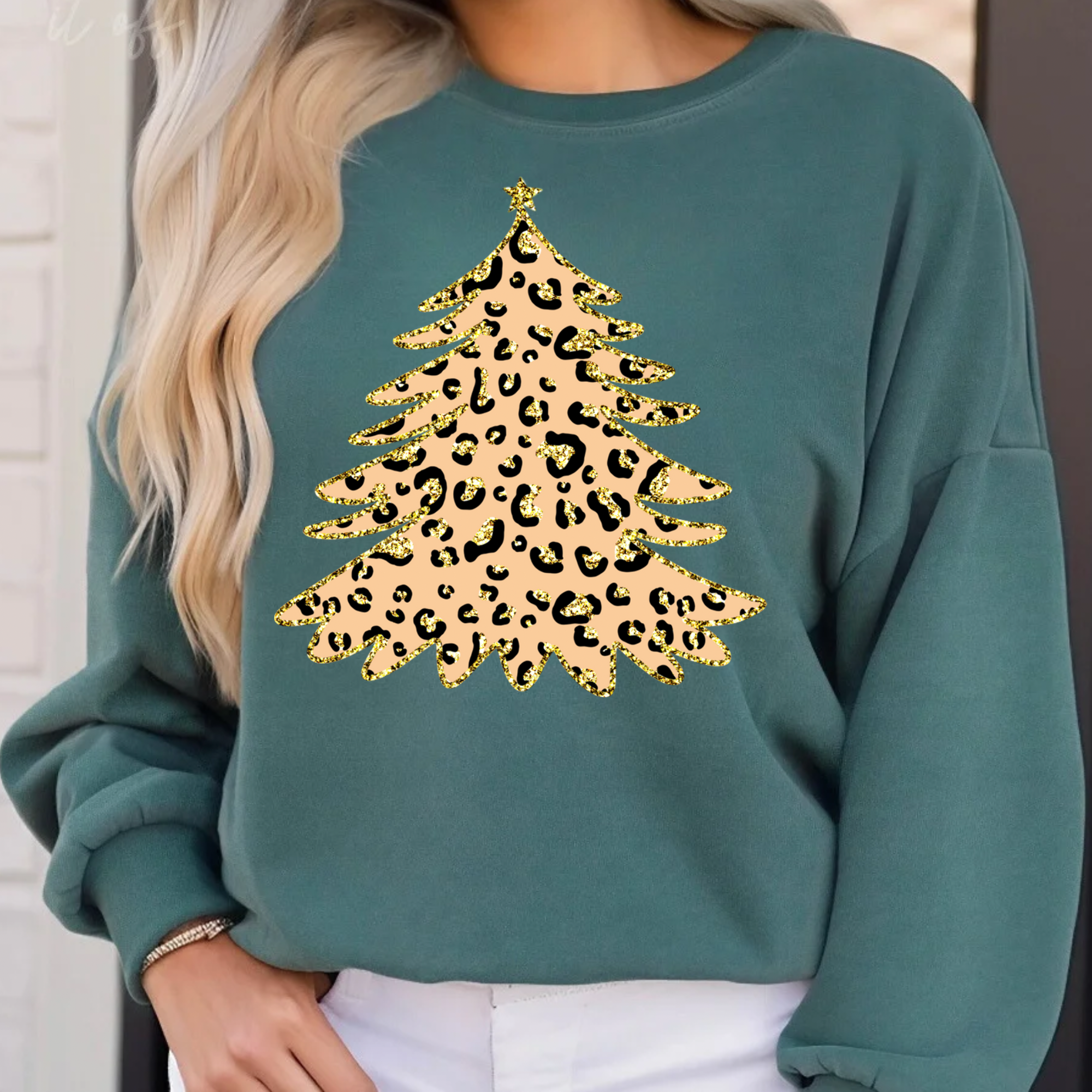 Leopard Glitter Tree on Blue Spruce Crewneck